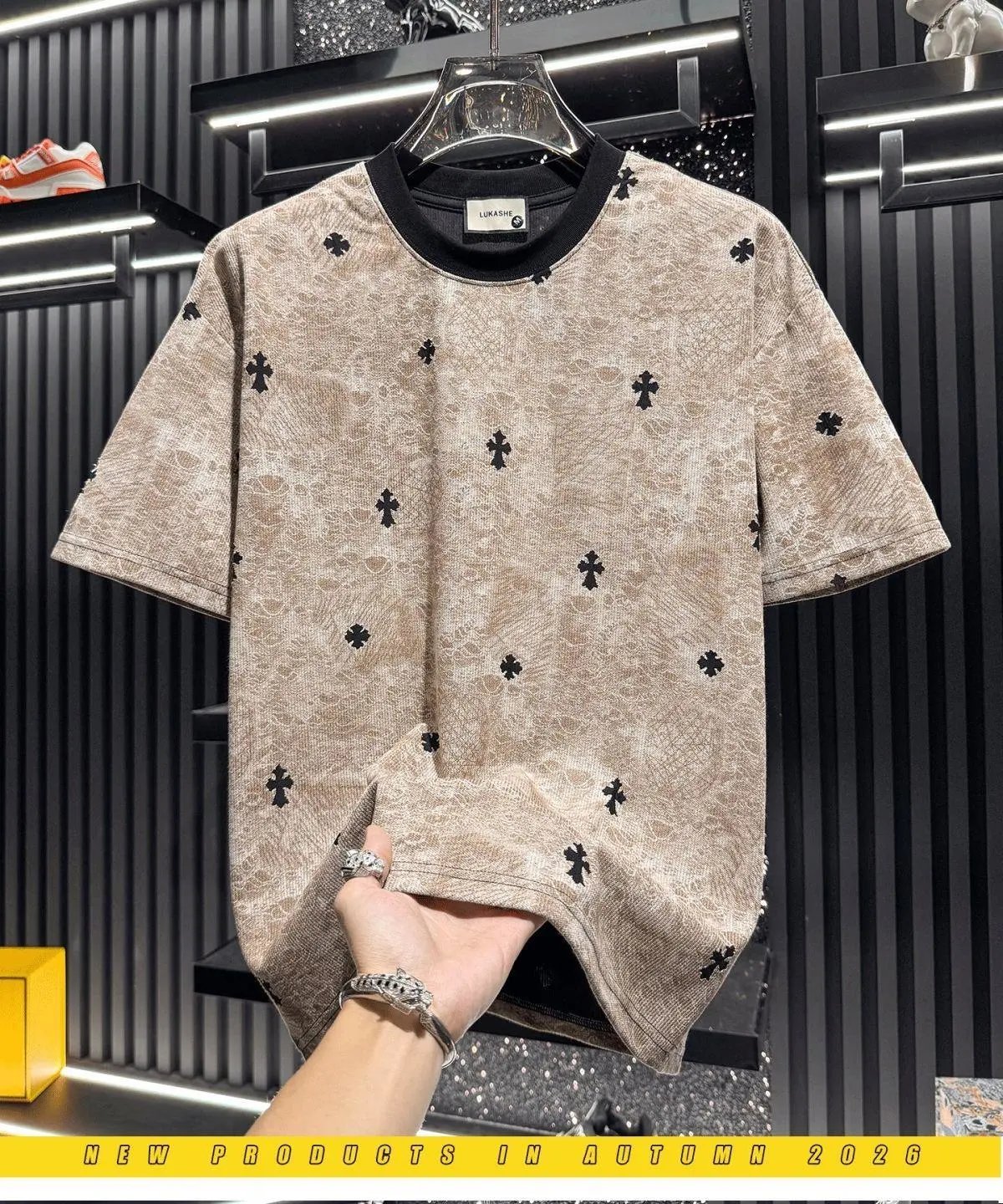 Design Lukashe Cross-Print Textured Beige T-Shirt T-Shirts - 7