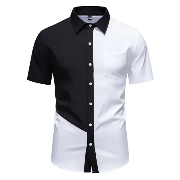 Design Asymmetrical Color-Block Shirt Black White Men's Shirt Tops Shirt - 14