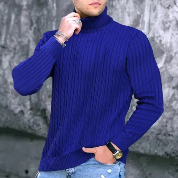 Design Cable Knit Turtleneck Sweater Blue - 7