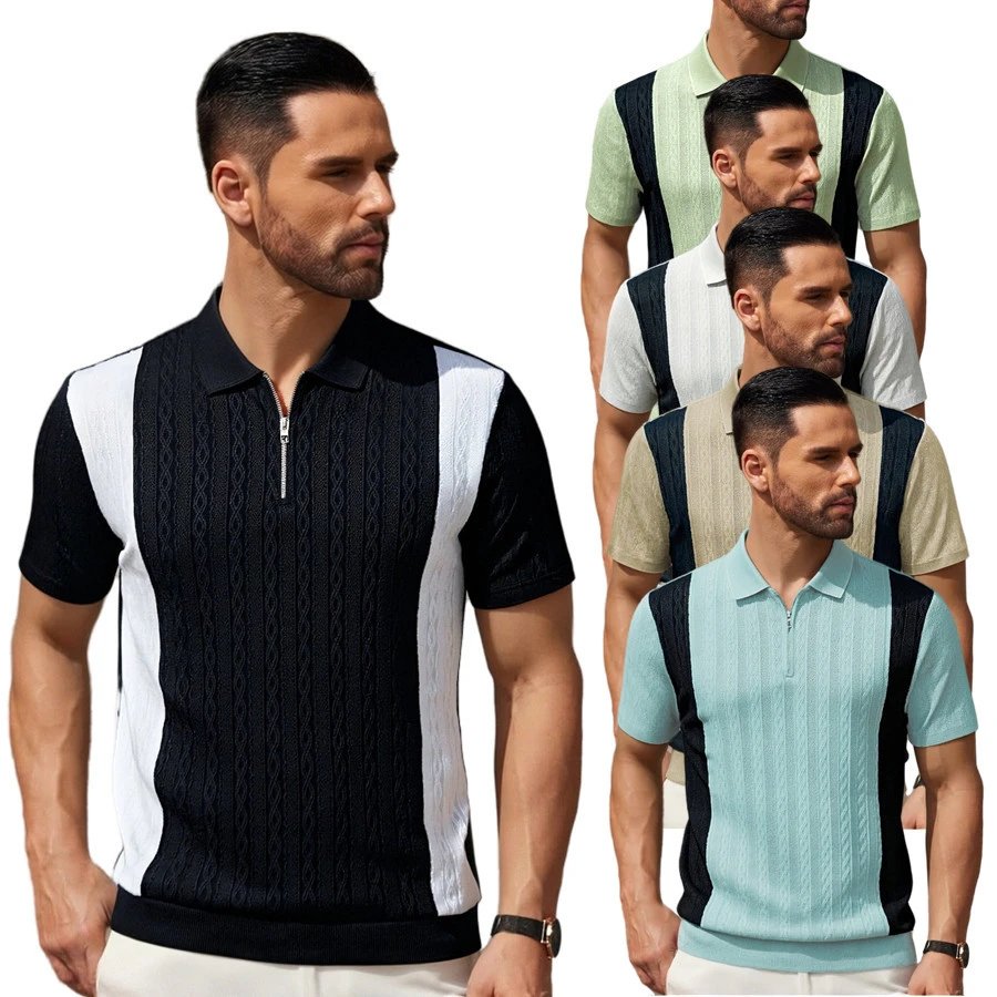Design Zip-Front Textured Polo Mint Green with Black Panels Tops.polo - 4