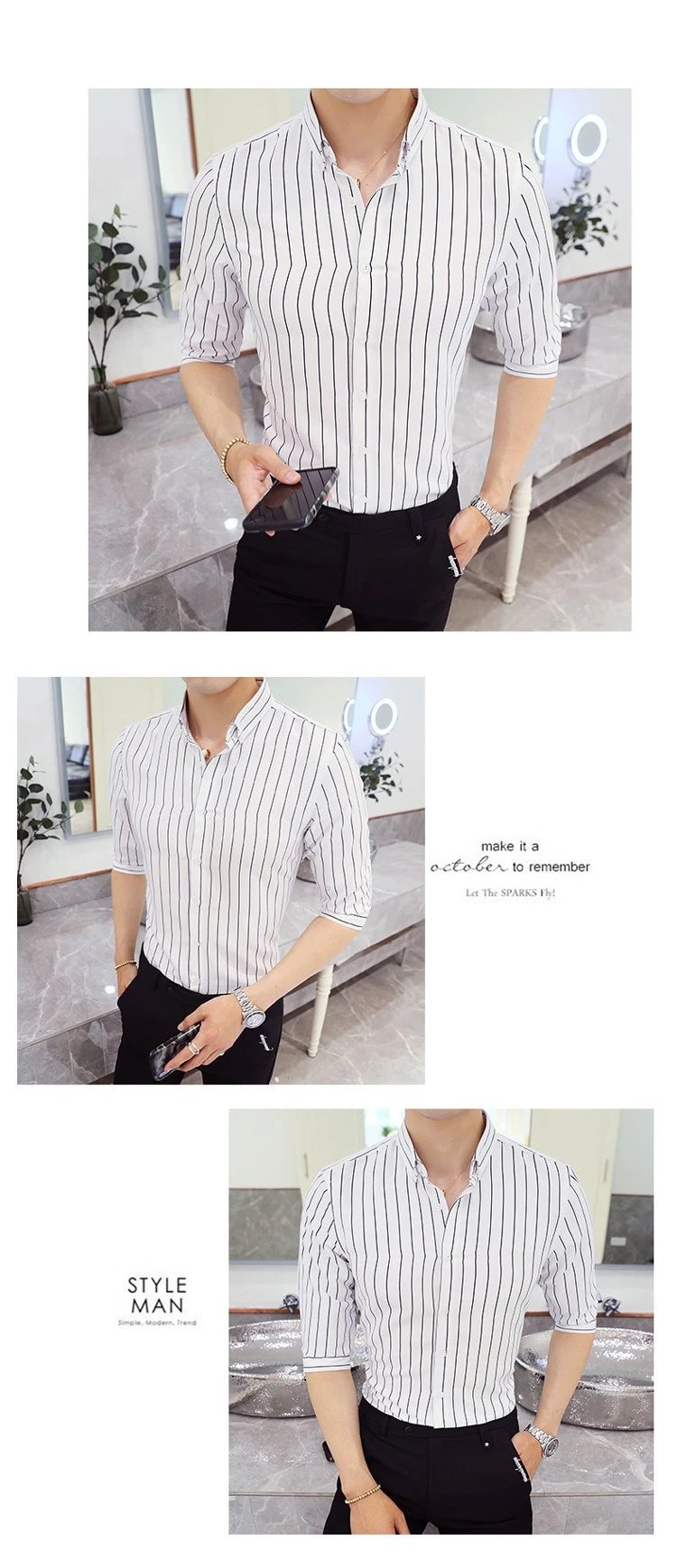 Design Striped Button-Down Shirt White with Black Vertical Stripes Tops Shirt - 2