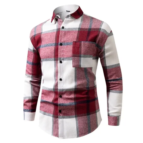 Design Plaid Button-Up Shirt Red White Gray Tops Shirt - 1