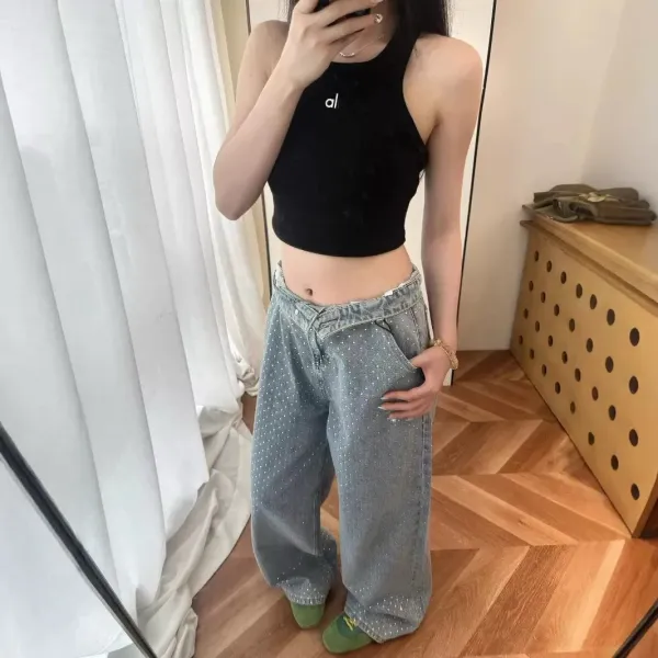 Alo Yoga Crop Top and Wide-Leg Pants Set in Dusty Blue and Sage Green Activewear - 7