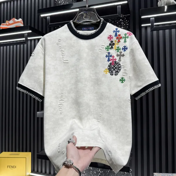 Design Bail Yasa Embroidered Cross Motif Knit T-Shirt White T-Shirts - 1