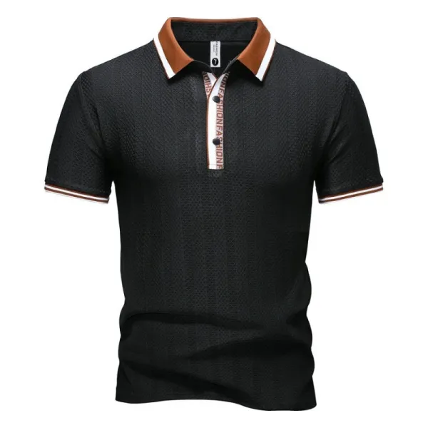 Design Mesh Polo Shirt Black with Brown Collar Trim Tops.polo - 1