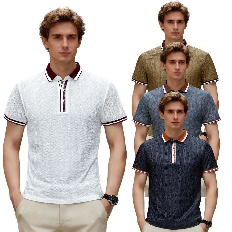 Design Textured Polo Gray Brown Collar Polo Tops Polo - 6