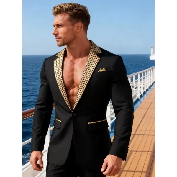 Design Gold-Grid Shawl Collar Blazer Black - 1