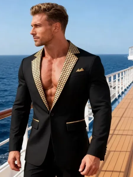 Design Gold-Grid Shawl Collar Blazer Black - 3