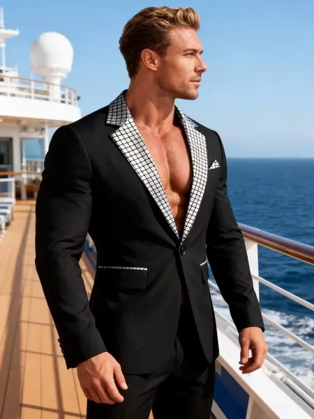 Design Gold-Grid Shawl Collar Blazer Black - 8