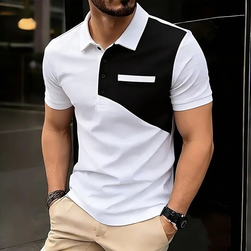 Design Color-Block Polo Shirt White Black Tops.polo - 3
