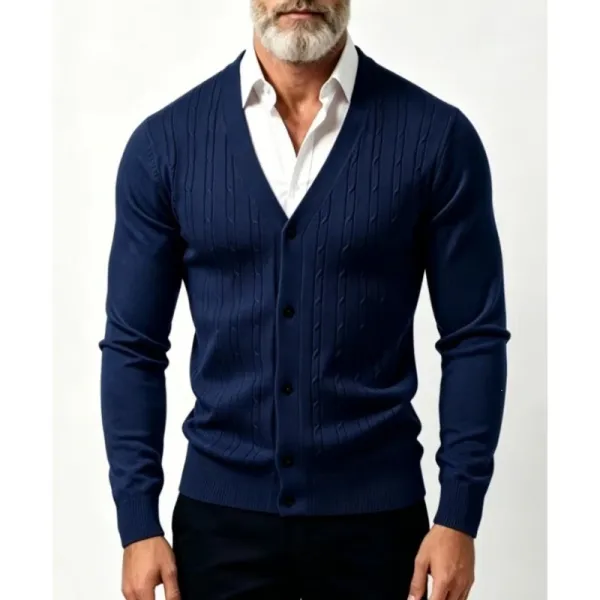 Design Cable Knit V-Neck Cardigan Navy Blue - 1