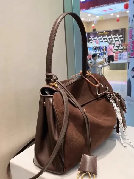 Design Suede Flap Handbag in Brown with Gold Hardware - 13