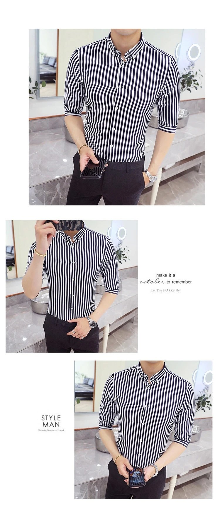 Design Striped Button-Down Shirt White with Black Vertical Stripes Tops Shirt - 4