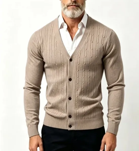 Design Cable Knit V-Neck Cardigan Beige Cardigan Outerwear.cardigan - 3