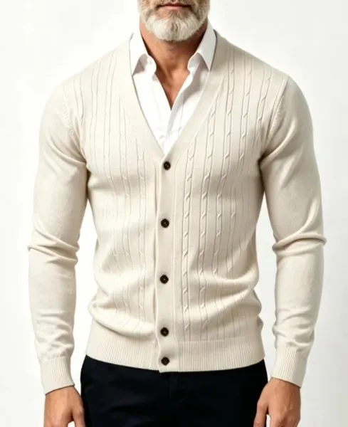 Design Cable Knit V-Neck Cardigan Beige Cardigan Outerwear.cardigan - 11
