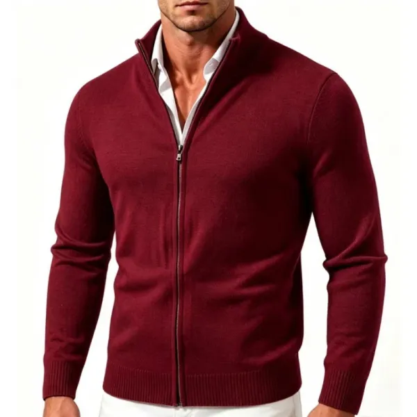 Design Zip-Up Knit Cardigan Burgundy Men's Sweater - 1