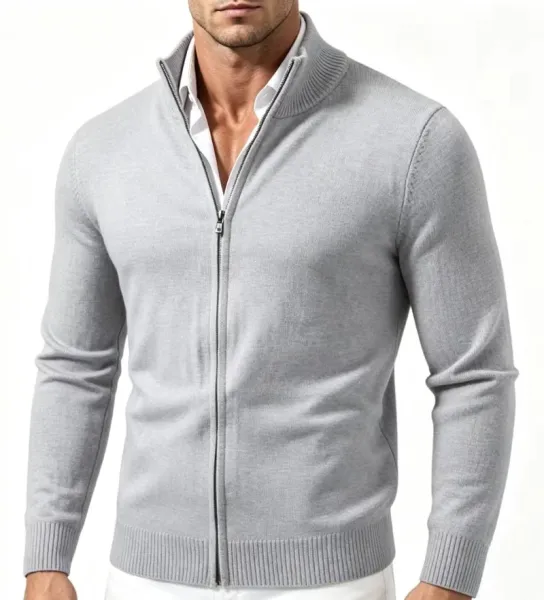 Design Zip-Up Knit Cardigan Gray Men's Sweater - 7