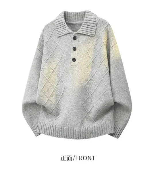 Design Knit Collared Button-Up Sweater Gray with Gold Gradient - 13