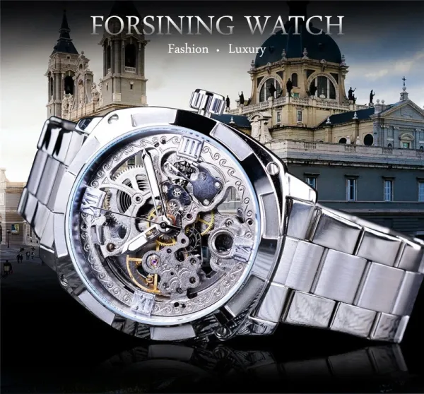 Design FORSINING Skeleton Mechanical Watch Black Steel Watches - 12
