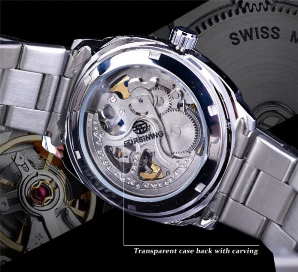 Design FORSINING Skeleton Mechanical Watch Black Steel Watches - 14