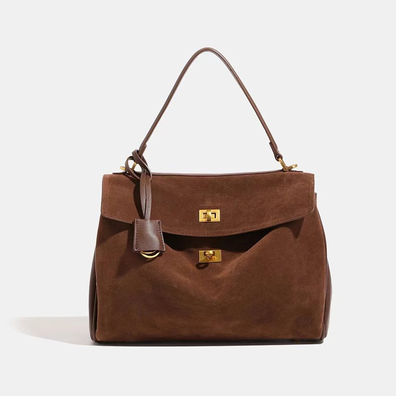 Suede Flap Handbag in Brown with Gold Hardware
