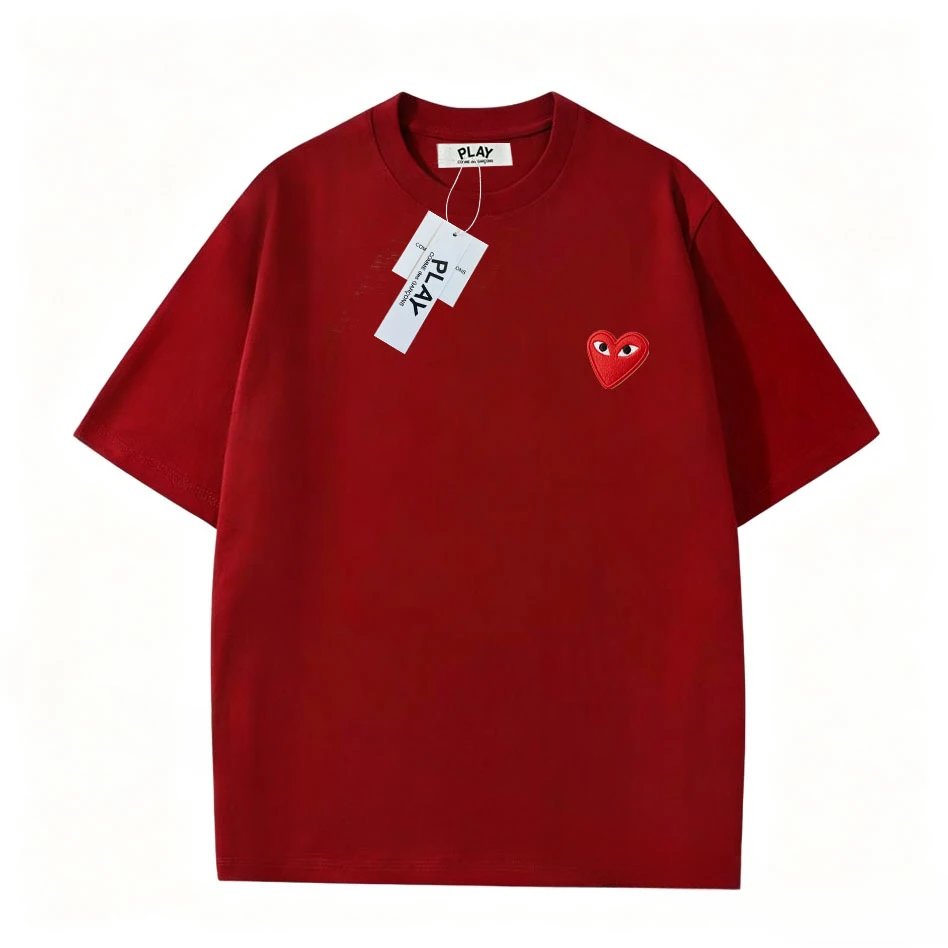 Comme des Garçons Play Red Heart Embroidered Beige T-Shirt - 4