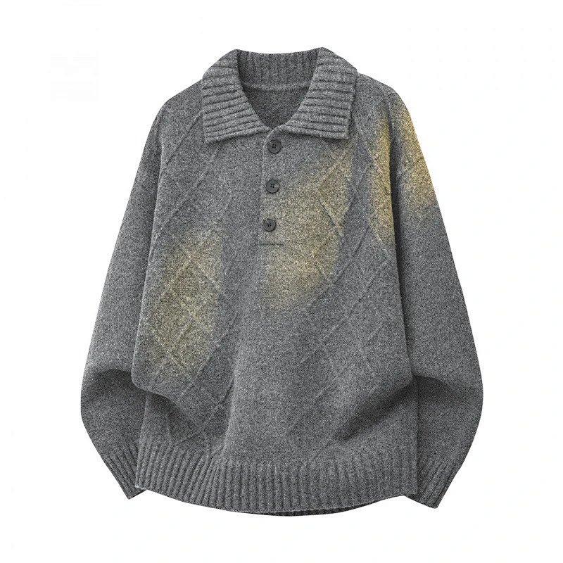 Knit Collared Button-Up Sweater Gray with Gold Gradient