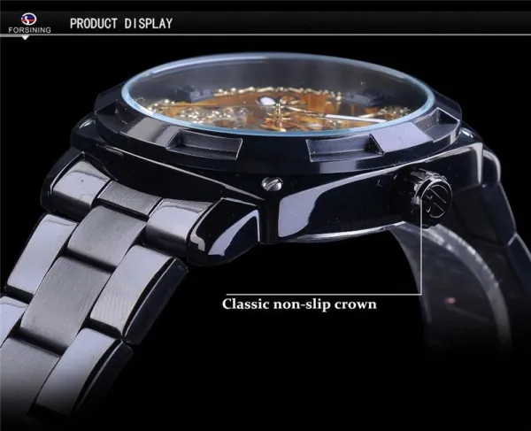Design FORSINING Skeleton Mechanical Watch Black Steel Watches - 24