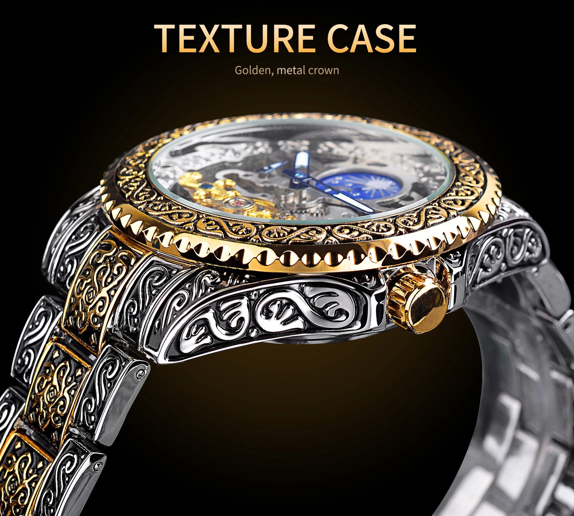Design Forsining Skeleton Moon Phase Mechanical Watch Gold Silver Blue Watches - 9
