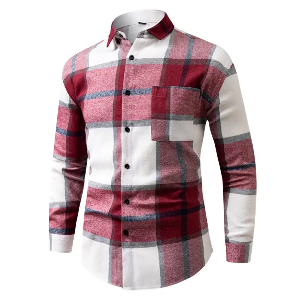 Design Plaid Button-Up Shirt Red White Gray Tops Shirt - 6
