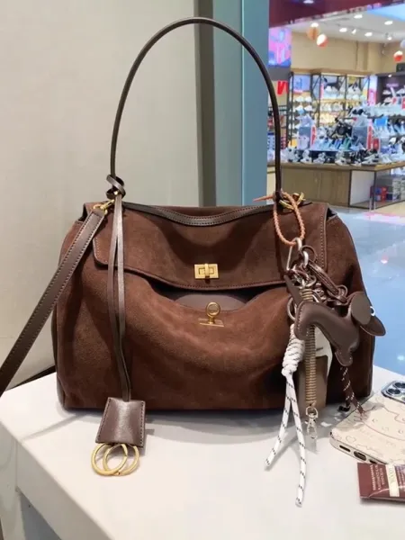 Design Suede Flap Handbag in Brown with Gold Hardware - 9