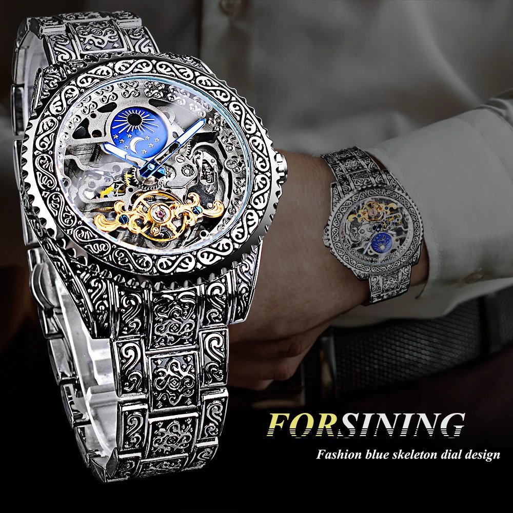 Design Forsining Skeleton Moon Phase Mechanical Watch Gold Silver Blue Watches - 17