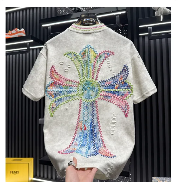 Chrome Hearts Cross Embroidered Distressed Corduroy Short-Sleeve Shirt - 10