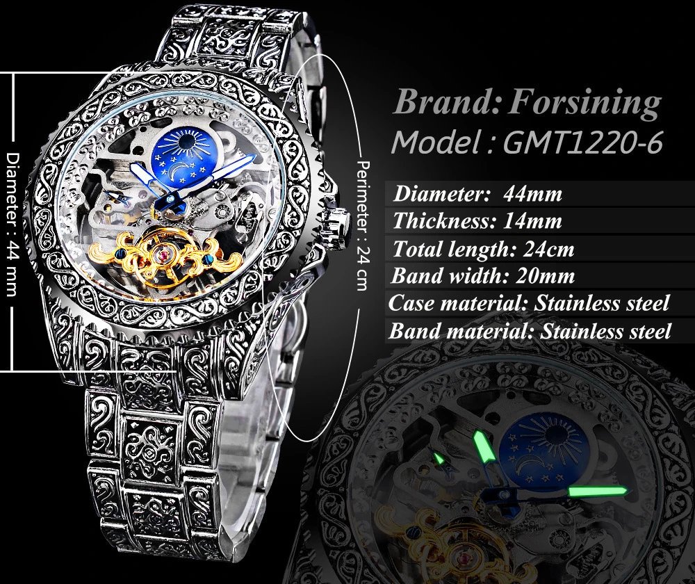 Design Forsining Skeleton Moon Phase Mechanical Watch Gold Silver Blue Watches - 18