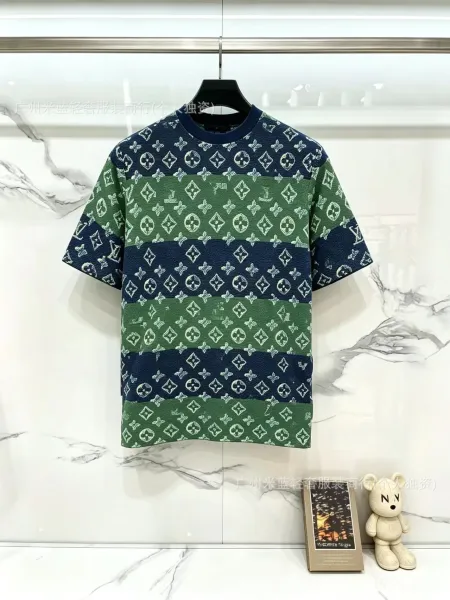 Louis Vuitton Monogram Striped Knit T-Shirt Navy Green - 1