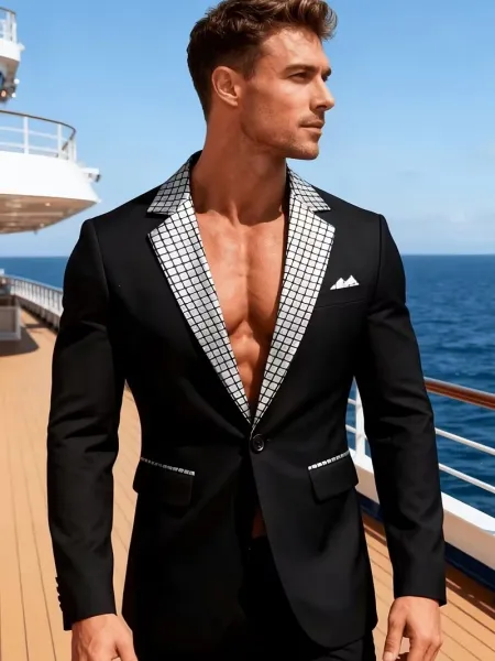 Design Gold-Grid Shawl Collar Blazer Black - 6