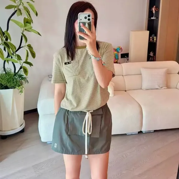 Design Striped Crewneck T-Shirt in Beige with Logo Patch - 4