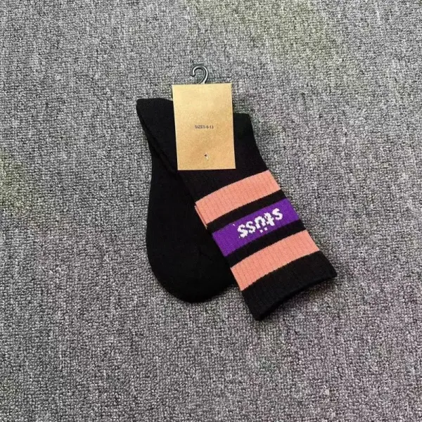 Stussy Striped Logo Socks Black Peach Purple Socks - 1