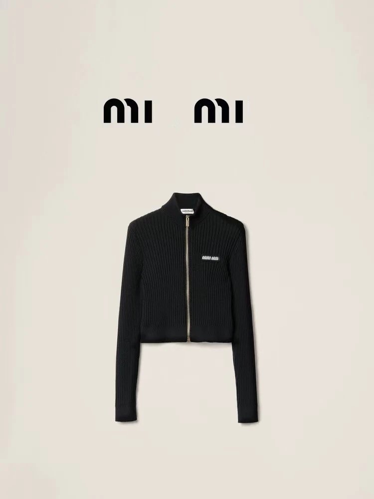 Miu Miu Ribbed Zip-Front Sweater Navy - 3