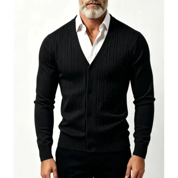Design Cable Knit V-Neck Cardigan Black Outerwear.cardigan - 1