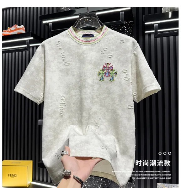 Chrome Hearts Cross Embroidered Distressed Corduroy Short-Sleeve Shirt - 9