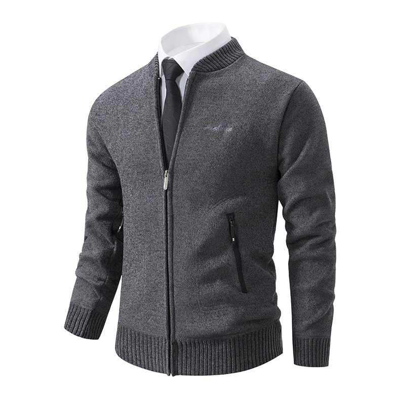 Design Zip-Up Knit Bomber Jacket Gray Outerwear Jacket - 6