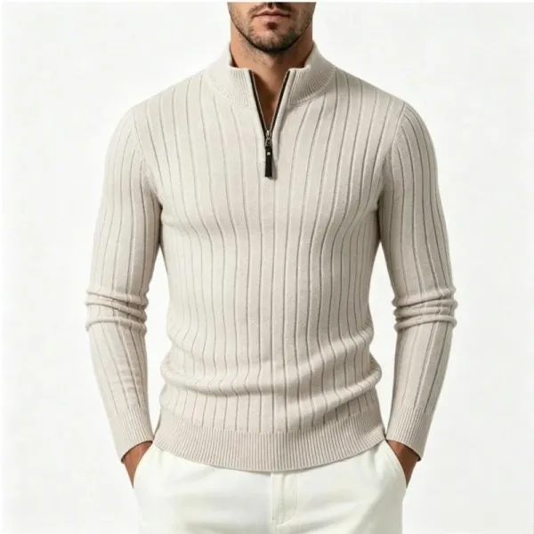 Design Ribbed Half-Zip Sweater Beige Men's Sweater - 1