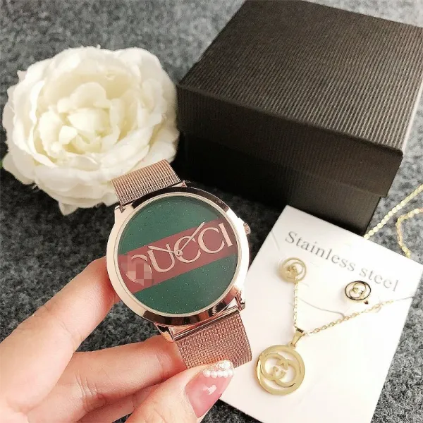 Gucci GG Marmont Green Red Stripe Stainless Steel Mesh Watch and Jewelry Set Watches - 6