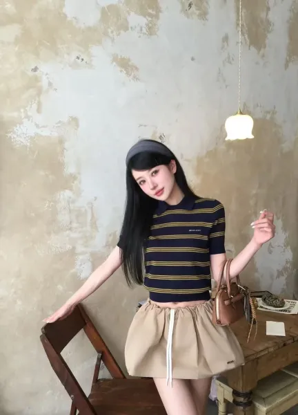 Miu Miu Striped Cropped Polo Top and Pleated Skirt Set in Navy, Gold, Beige - 5