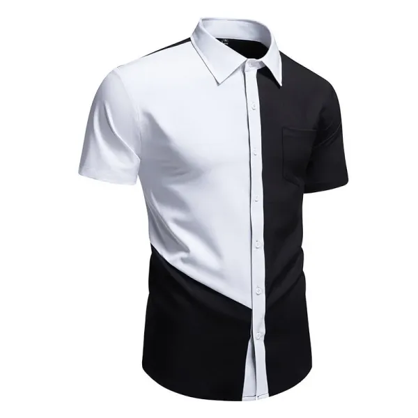 Design Asymmetrical Color-Block Shirt Black White Men's Shirt Tops Shirt - 5