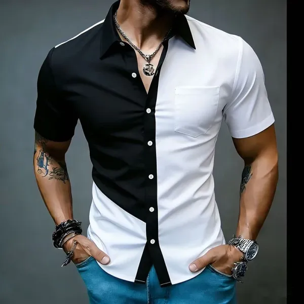 Design Asymmetrical Color-Block Shirt Black White Men's Shirt Tops Shirt - 13