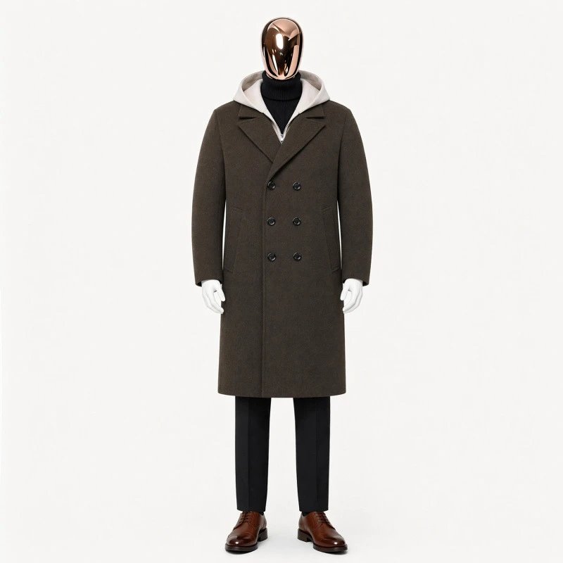 Design Double-Breasted Wool Coat Olive Green with Hooded Layer Outerwear.coat