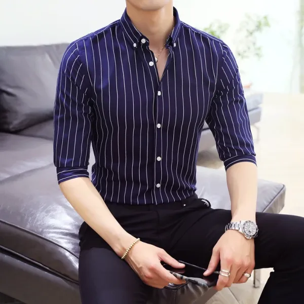 Design Striped Button-Up Shirt Navy with White Pinstripes Tops Shirt - 1
