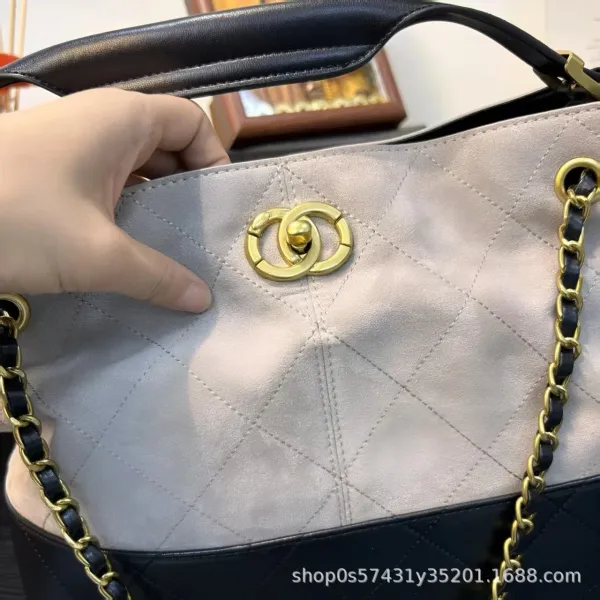 Chanel Bucket Bag Beige and Black Quilted Leather with Gold Chain Strap Handbags - 23